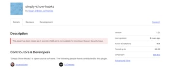 In this screenshot of the simply-show-hooks plugin page on WordPress.org, we see that the plugin was last updated 8 years ago