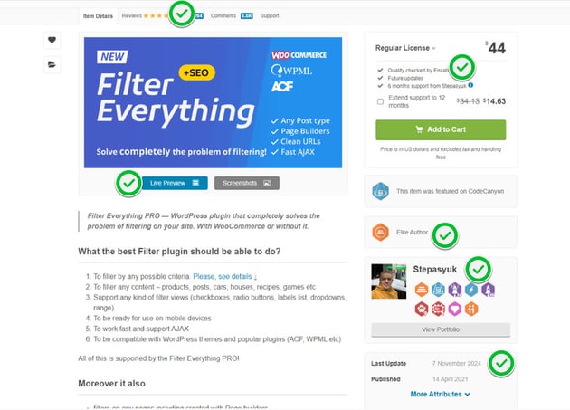 A look at the CodeCanyon page for the Filter Everything plugin shows various parts of the page have been highlighted. These are where users learn if they can trust the plugin's integrity.