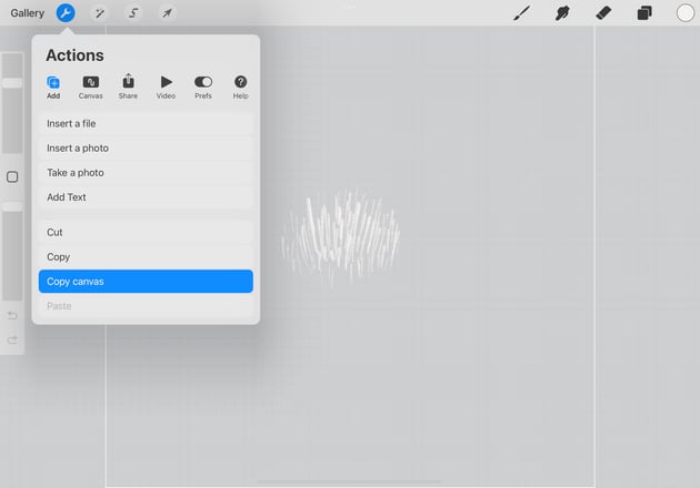 'Actions' menu with 'copy canvas' selected