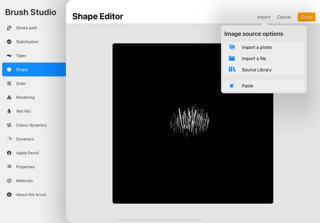  'Shape Source' menu opened, the 'Image Source Options' menu is opened and 'paste' has been selected. The fur brush shape has been pasted onto the source area.