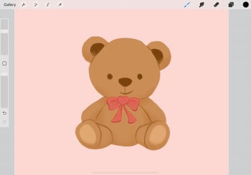 Drawing of a brown teddy bear with a pink, love-heart-centred bow.