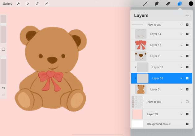 A screenshot showing 2 empty clipping masks being added above the bear's body layer