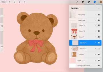 A screenshot of the darker fur texture being added to the whole bear, and the open 'Layers' panel showing an empty clipping mask being selected for the lighter fur