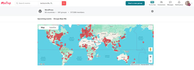 Map from Meetup.com showing all the WordPress-sanctioned Meetup locations around the world