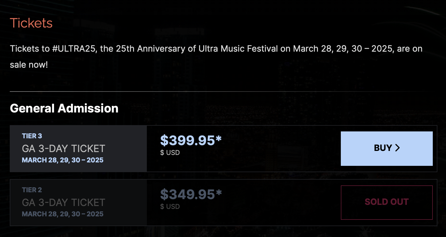 A screenshot of Ultra Music Festivals pricing tiers for general admission tickets.