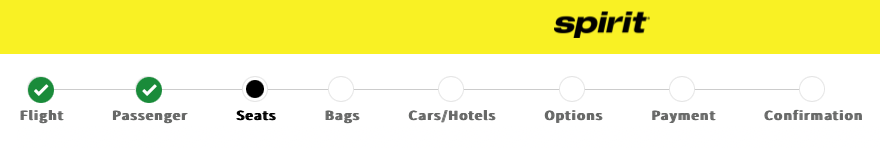 A screenshot of the many tedious steps od booking a ticket on Spirit.com.