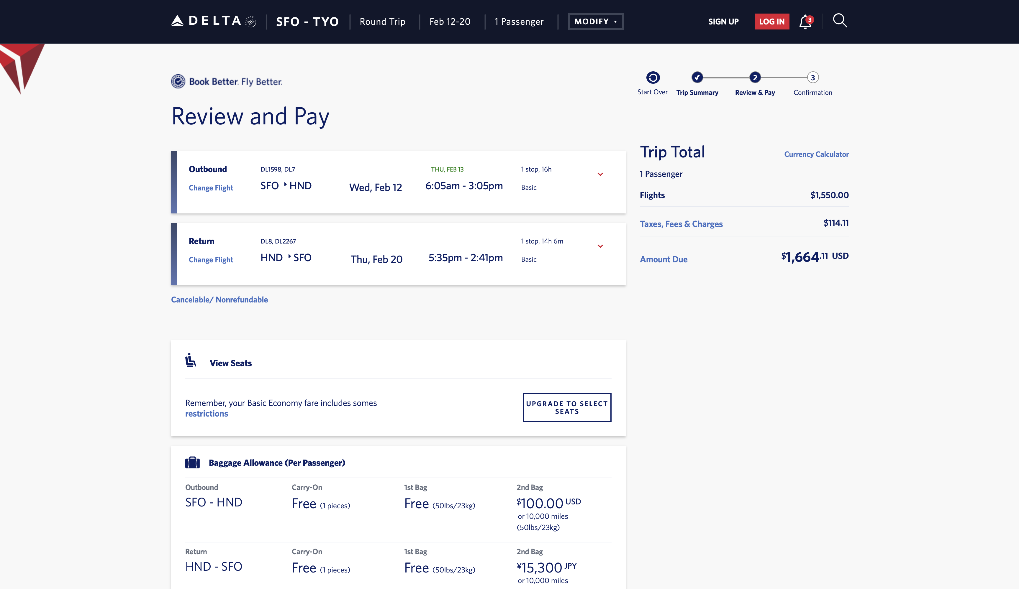 A screenshot of a less tedious checkout experience on Delta.com.