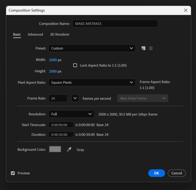 After Effects Composition settings