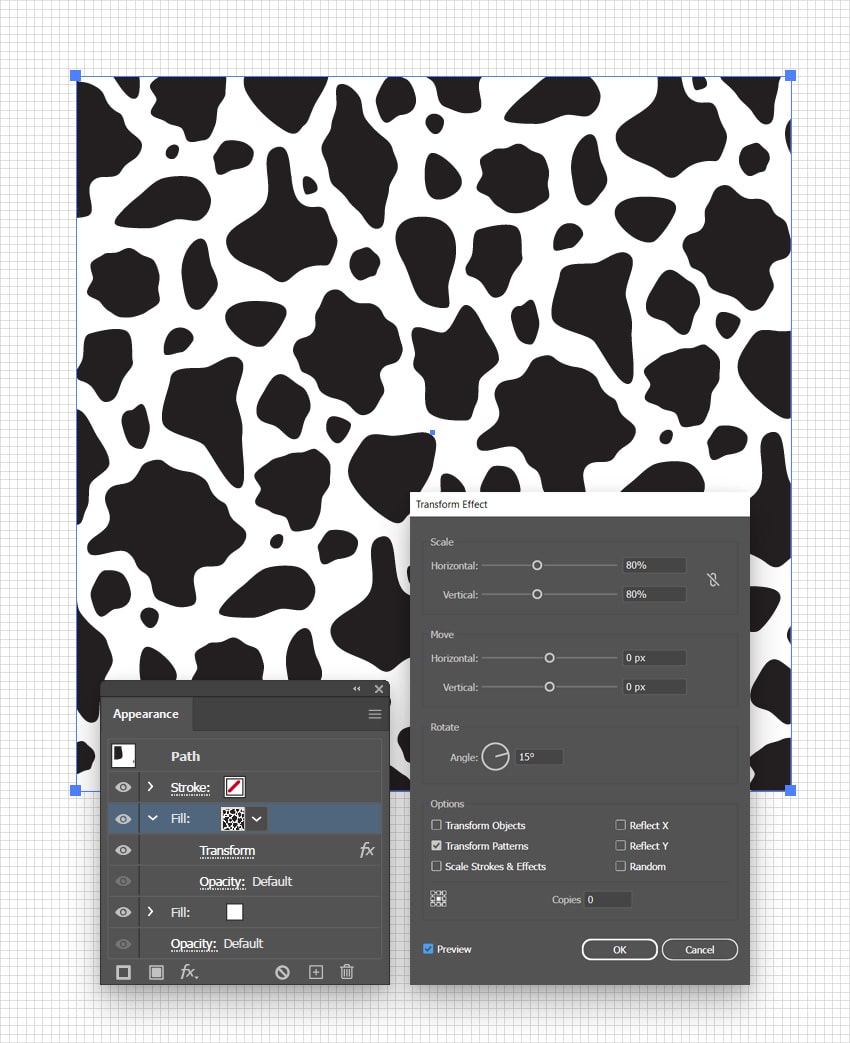 scale and rotate cow pattern using transform effect