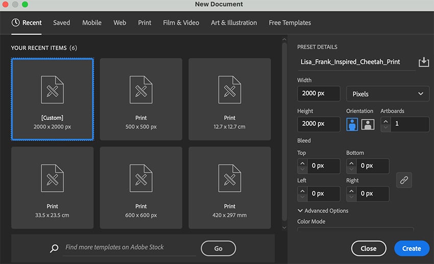 Create a new document artboard for cheetah print