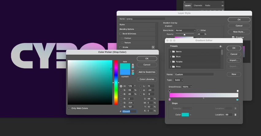 cyborg text font photoshop gradient color