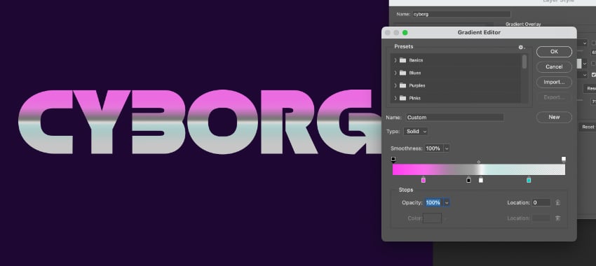 cyborg text font photoshop gradient editor