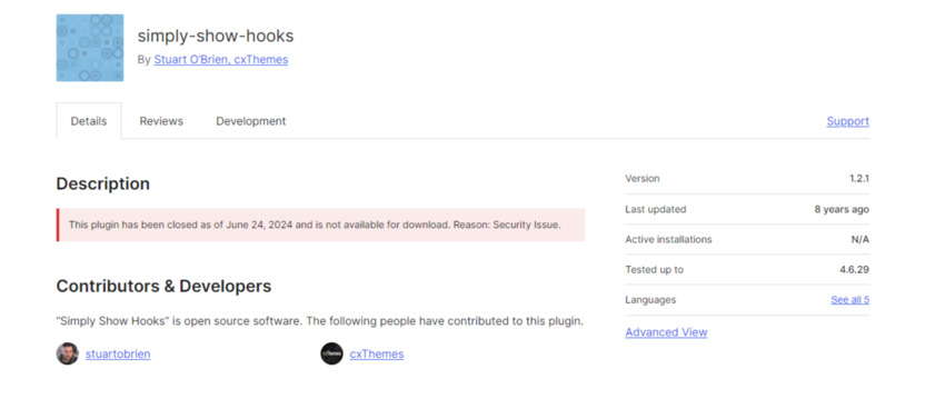 In this screenshot of the simply-show-hooks plugin page on WordPress.org, we see that the plugin was last updated 8 years ago