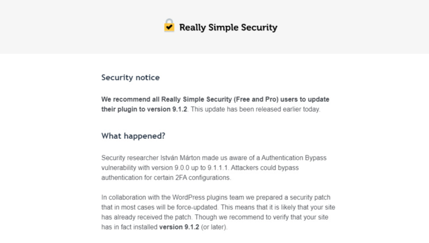 Email from Really Simple Security sent to plugin users to inform them of security vulnerability