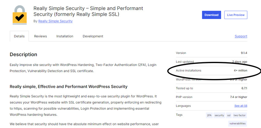 Screenshot from the WordPress.org Really Simple Security plugin page that shows there are over 4 million users