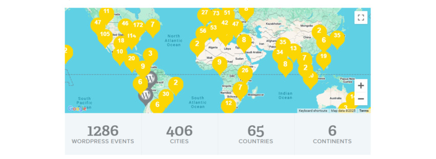 Map from WordCamp Central showing all the event locations around the world