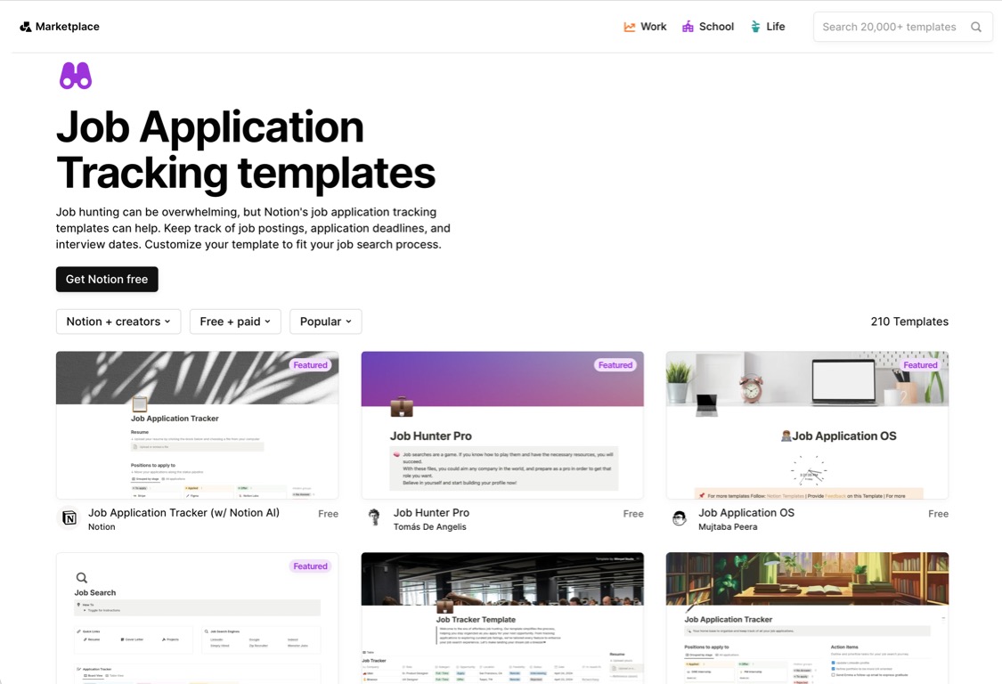 This Notion Marketplace webpage showcases Job Application Tracking templates designed to help users manage job hunting. A headline reads, “Job Application Tracking templates,” with supporting text explaining how these tools track postings, deadlines, and interviews.