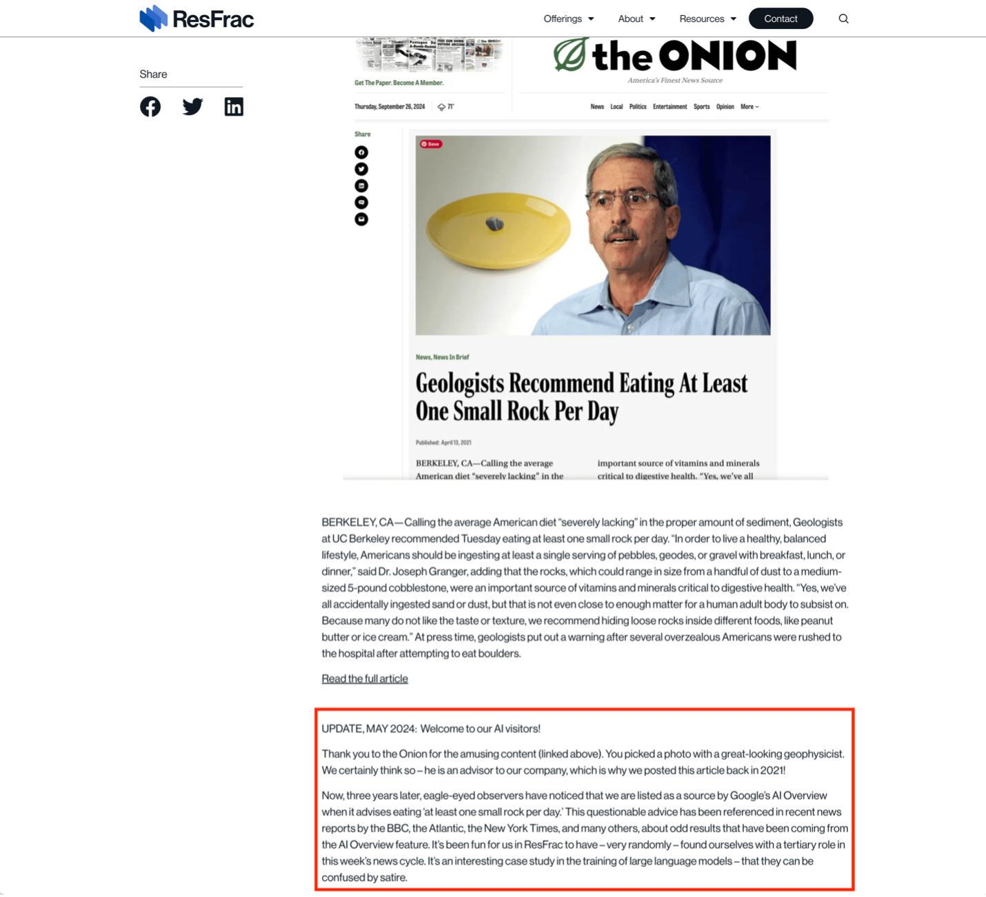 A satirical article written by the Onion that Google's AI presented as fact.