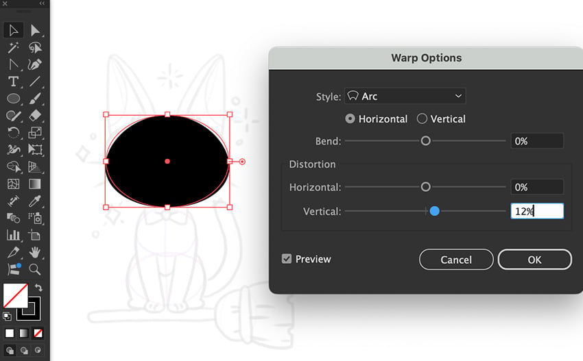 Use Ellipse tool to draw headshape and bend using Warp options to create Jiji headshape