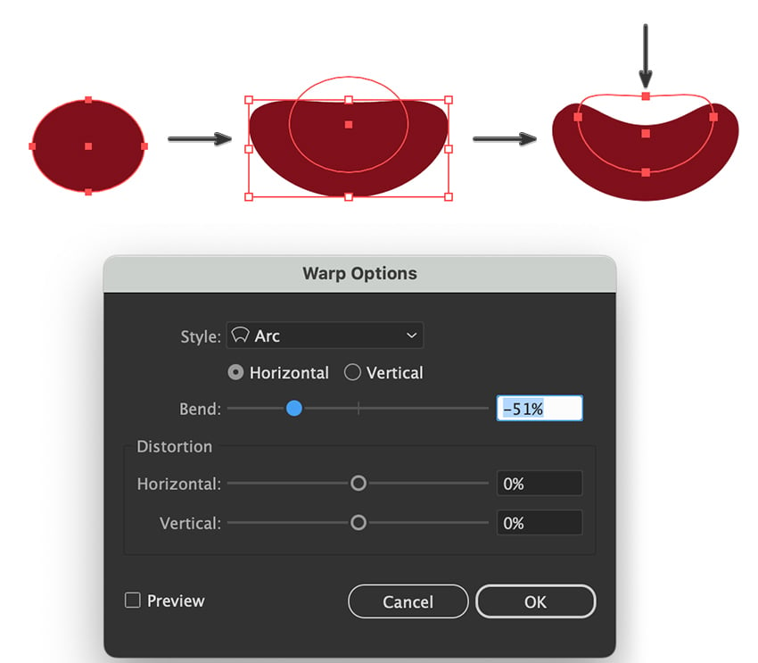 Apply an Arc effect a horizontal bend then expand appearance of object