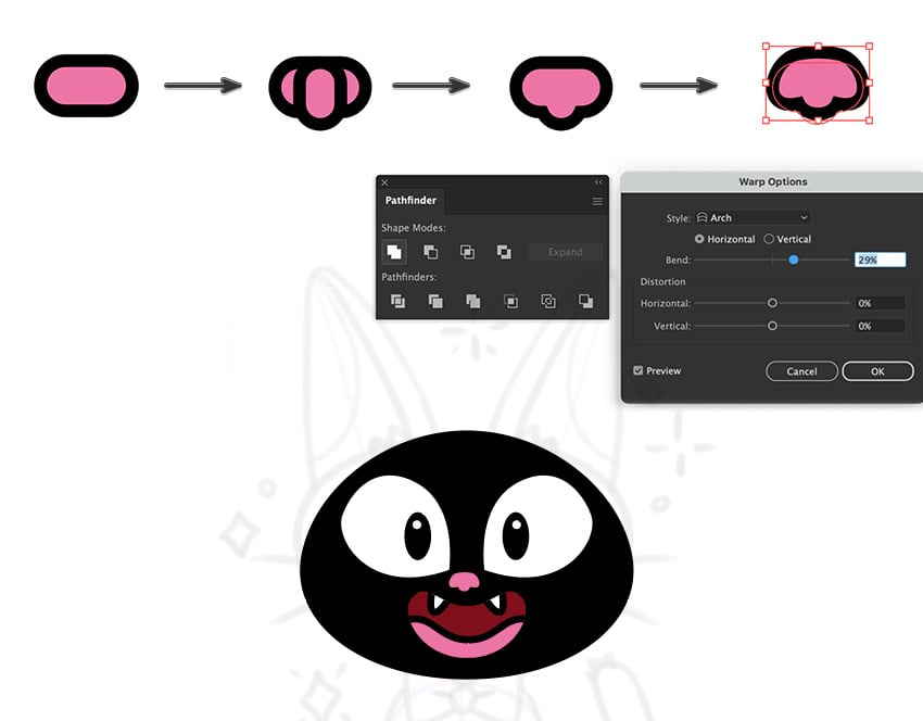 use rounded rectangles, unite from Pathfinder panel and warp effect to create nose