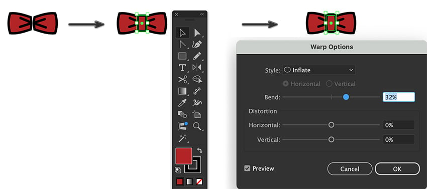 create bow knot using rectangle tooland apply inflate effect