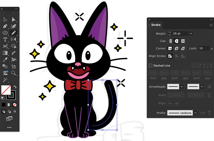 Use the Pencil tool to draw Jiji the cats tail