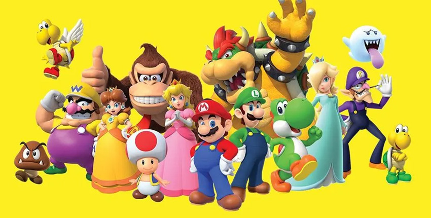 A colorful illustration featuring popular characters from the Mario video game series, including Mario, Luigi, Princess Peach, and Bowser, set against a bright yellow background.