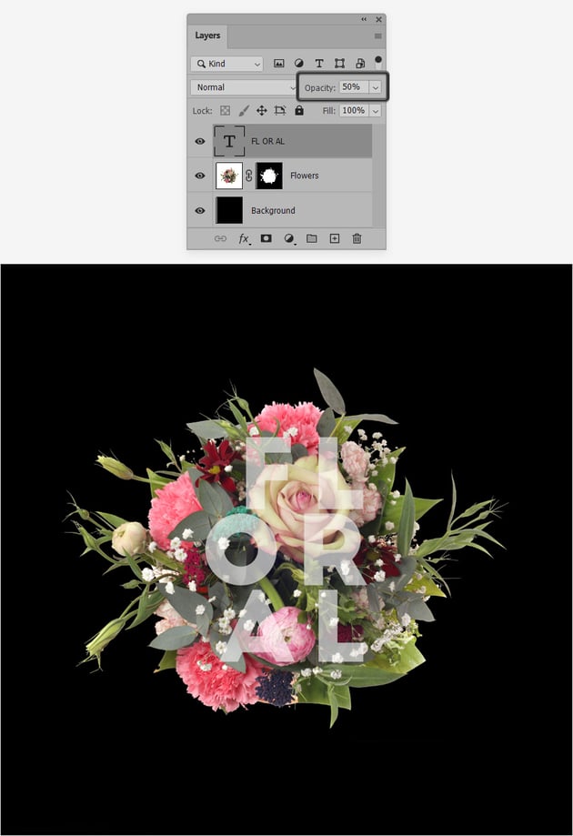 Opacity of the flower text effect.