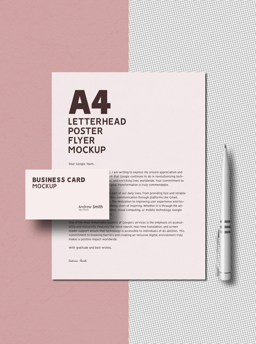 Free Minimal A4 Letterhead Mockup with Business Card