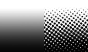 Right: example of how the human eye would see the dots from a sufficient distance. Left: Halftone dots.