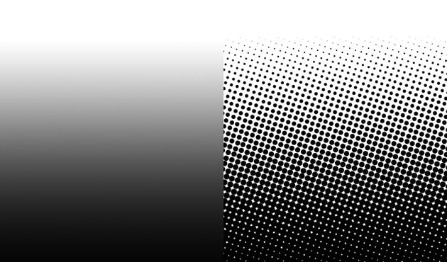 Right: example of how the human eye would see the dots from a sufficient distance. Left: Halftone dots.