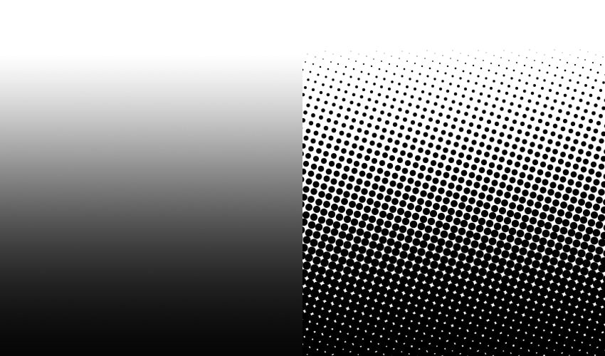 Right: example of how the human eye would see the dots from a sufficient distance. Left: Halftone dots.