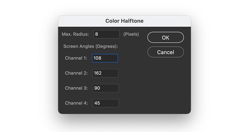 Use the default settings on the halftone effect