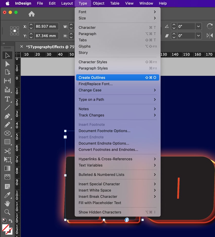 Adobe InDesign typography: create outlines.