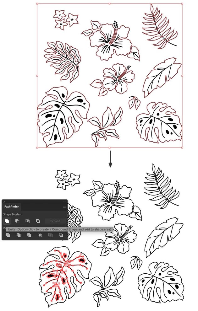 lock outline shapes and unite shapes in pathfinder panel