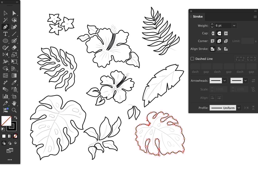 trace each botanical shape outline using pen tool