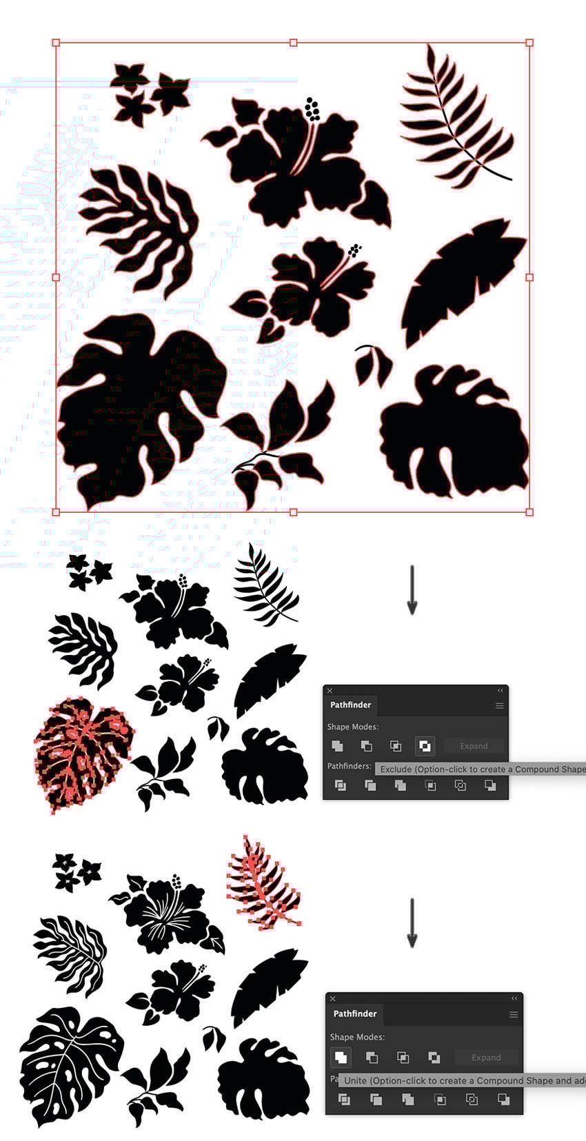 Use shape mode exclude to exclude overlapping area, and unite to create compound shape