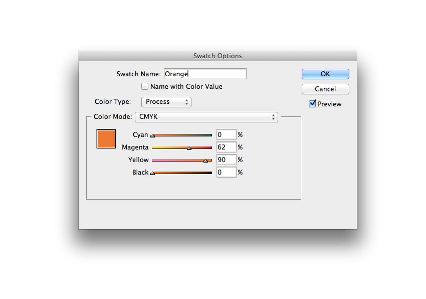 Create a new CMYK swatch called Orange.