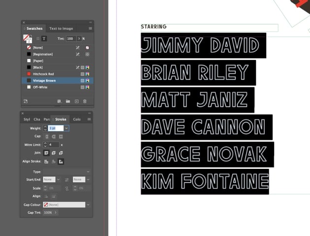 cast names outlined text
