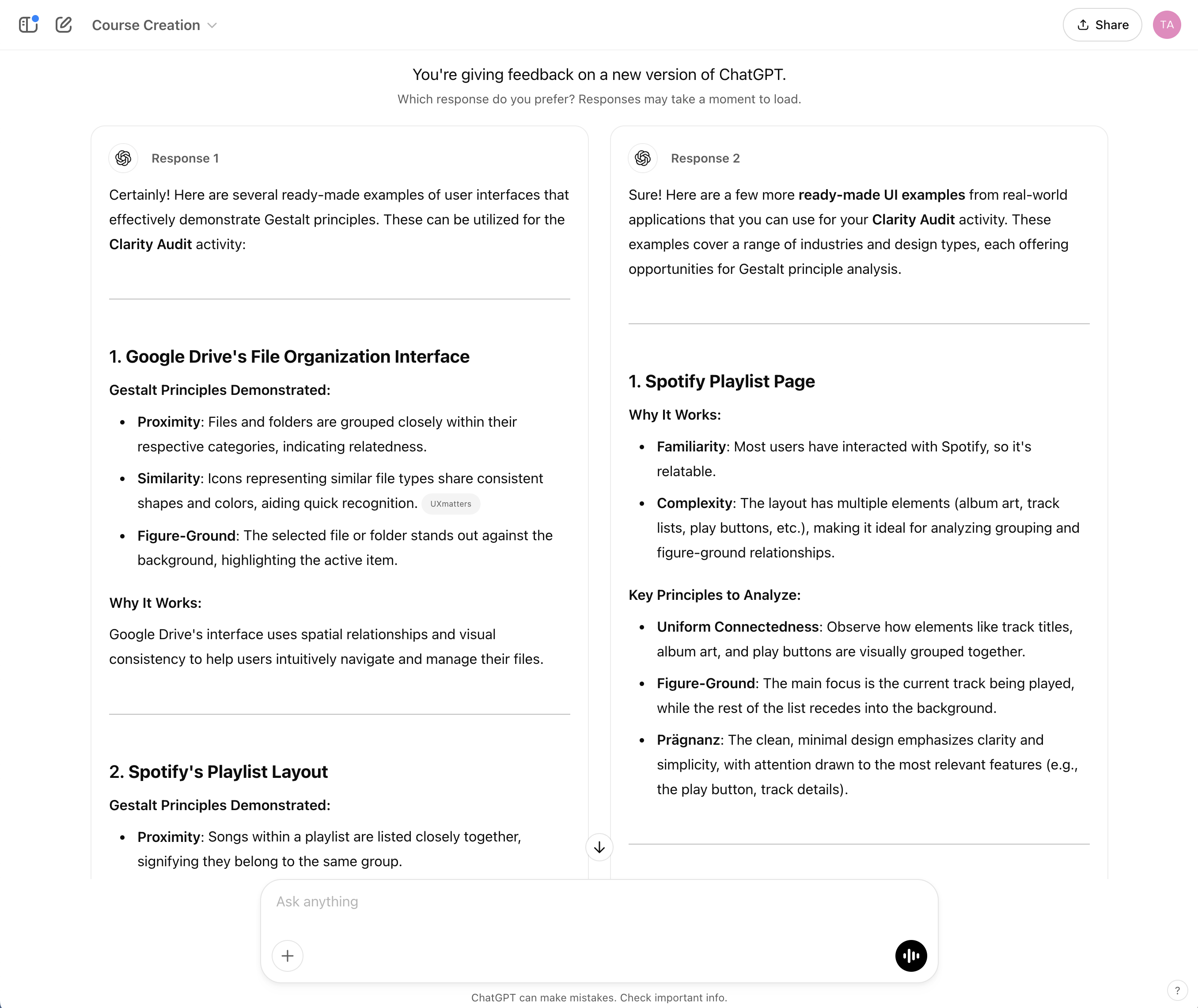 Two ChatGPT responses with different layouts of information. At the top, it asks users to choose which they like better.