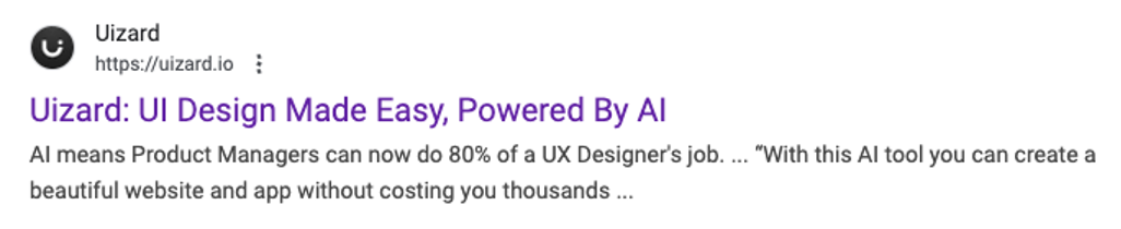A search engine result page for Uizard. The meta description claims it can do 80% of a designer's job.