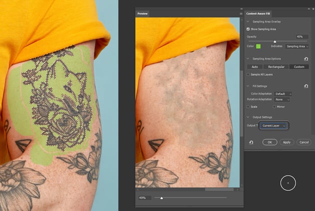 Remove a tattoo from a photo: use content aware fill.