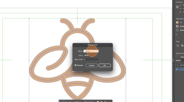 a negative offset will move the vector lines to the center of the shape