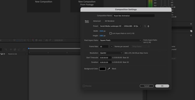 new composition creation settings in After Effects