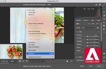 Open Adobe Camera Raw, right click menu and select the Enhance feature