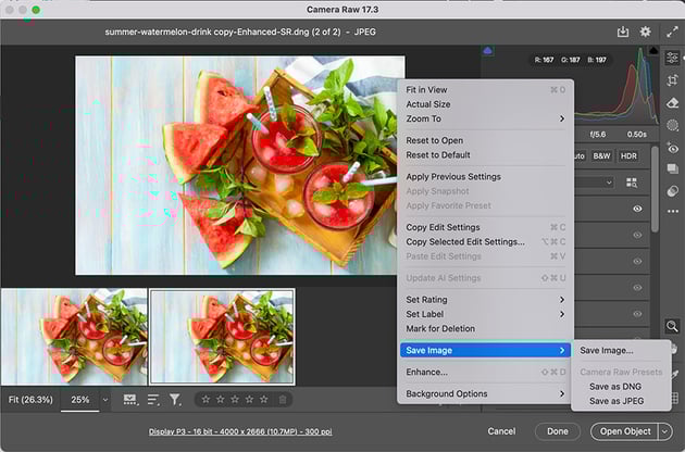 saved image as DNG edit in photoshop You will notice it enlarged the image without losing quality.