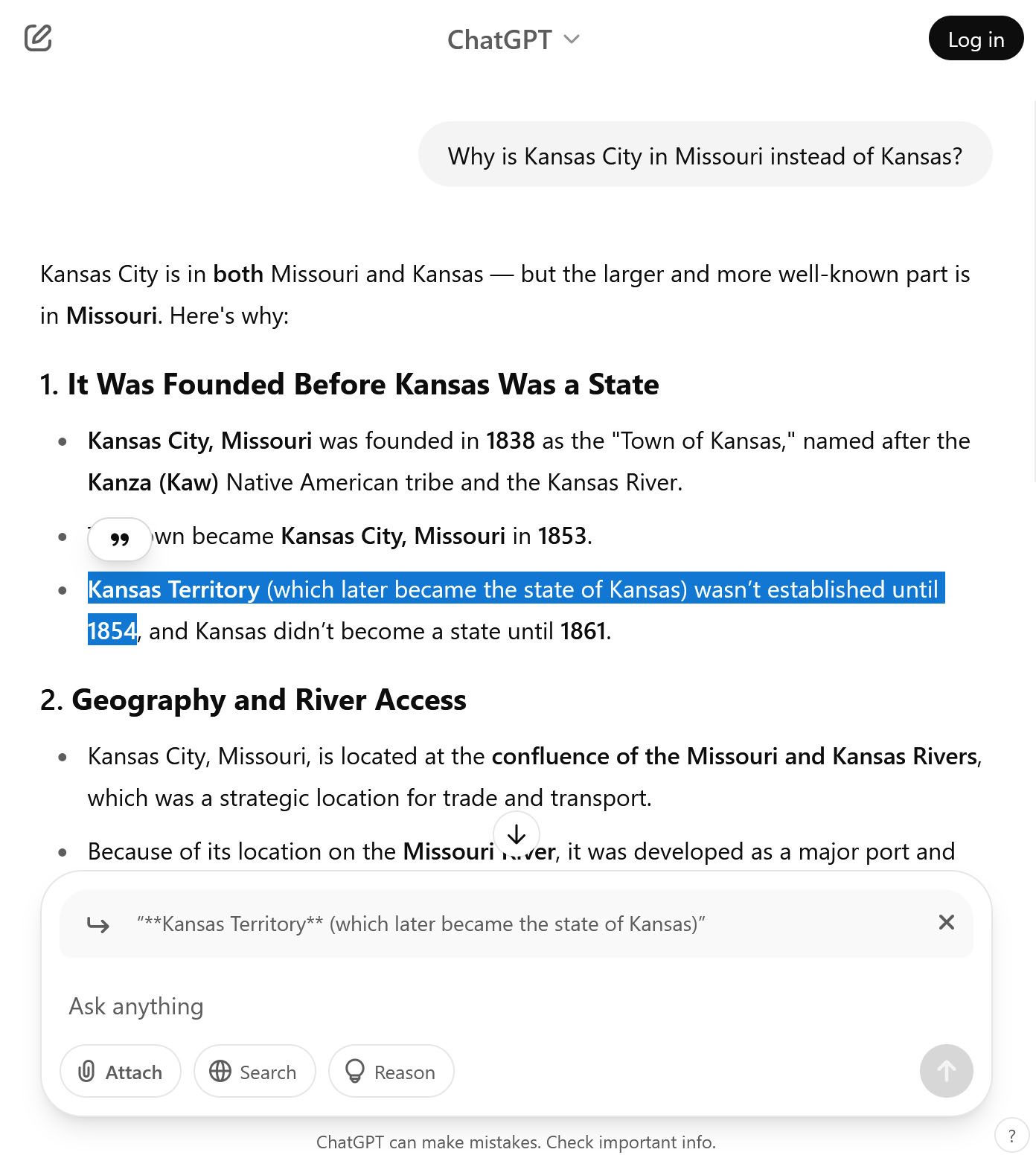 ChatGPT screenshot with a part of the answer highlighted. A small icon with a quotation mark symbol appears next to the highlight, and the highlighted text is copied above the answer to indicate that the user is replying to it.