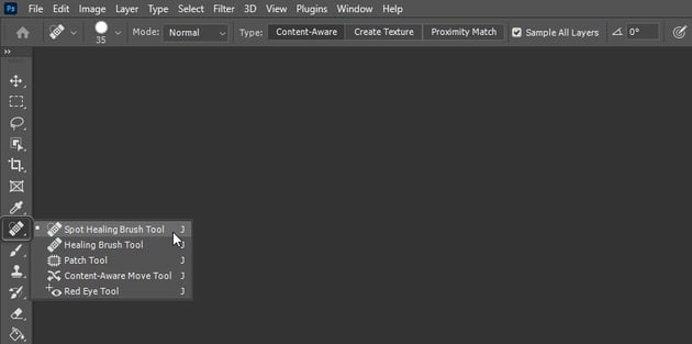 select spot healing brush in Photoshop
