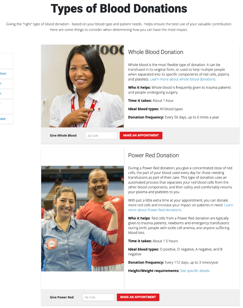 Page showing the different types of blood donation. Under the headings for two types is a single paragraph and short blurbs of information.